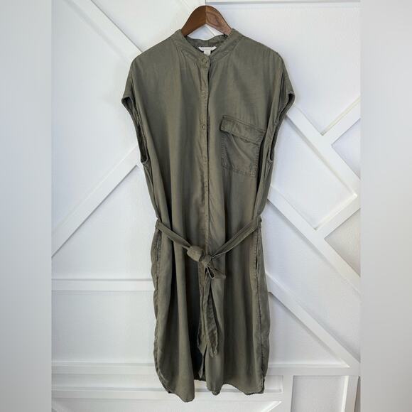 Caslon Cap Sleeve Button Front Tie Waist Utility Midi Dress Olive Green Size 3X - Picture 2 of 11